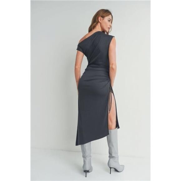 Charcoal Off The Shoulder Maxi Dress With Slit For Women - Picture 3 of 8